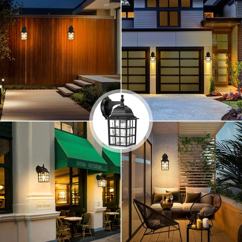 Various installations of Dope Dusk To Dawn Outdoor Wall Lanterns 2 Pack Black Photocell Sensor Exterior Lights on buildings.