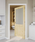 36 Inch By 80 Inch Pine Wood Slab Door With Half Frosted Glass For Interior Rooms, farmhouse shaker style, shown installed in doorway