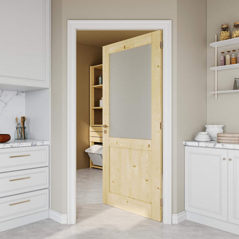 36 Inch By 80 Inch Pine Wood Slab Door With Half Frosted Glass For Interior Rooms, farmhouse shaker style, shown installed in doorway