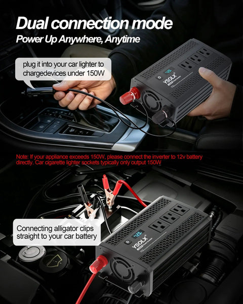 Heavy Duty 1000W Power Inverter 12V To 110V AC With 2000W Peak Surge, showing dual connection setup in vehicle.