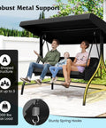 Three Person Outdoor Porch Swing With 2 In 1 Convertible Design From Chair To Lounger For Chill Sessions, Adjustable Canopy, Removable Cushions, Metal Frame With Side Pockets For Backyard Garden Porch Black