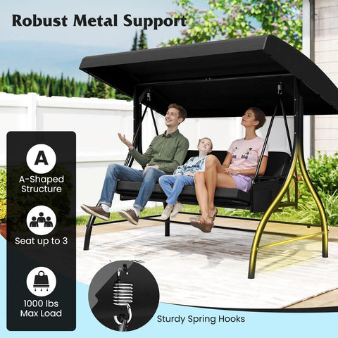Three Person Outdoor Porch Swing With 2 In 1 Convertible Design From Chair To Lounger For Chill Sessions, Adjustable Canopy, Removable Cushions, Metal Frame With Side Pockets For Backyard Garden Porch Black