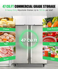 Straight Up Heavy Duty Commercial Upright Refrigerator With Solid Double Doors Adjustable Shelving showcasing food storage options.