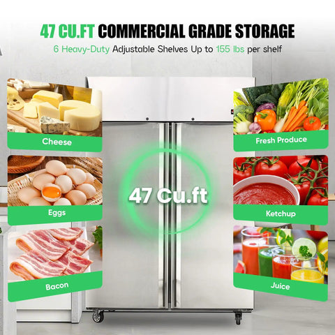 Straight Up Heavy Duty Commercial Upright Refrigerator With Solid Double Doors Adjustable Shelving showcasing food storage options.