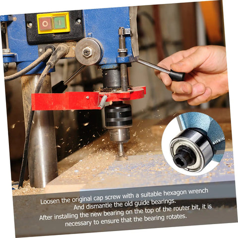 Top Mount Router Bit Ball Bearing Repair Kit installation with wrench on router, showing close-up of new bearing in guide.