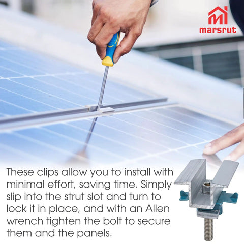 20 Piece Aluminum Solar Panel Clamps For Unistrut Mounting System shown with screwdriver securing panel