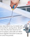 Hand using screwdriver on 10 Pcs Solar Panel Clamps For Unistrut System And Mounting Bracket Kit Beefy Adjustable Wide PV Mid Mount Clips Aluminum Secure Hardware With Nut Bolts For Standard Roof Solar Panels