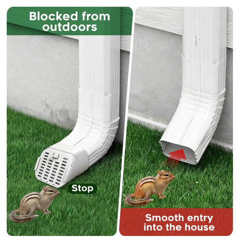 Heavy Duty Gutter Downspout Extension And Type A Diverter Kit Featuring Removable Leaf Guard Plus Splash Shield Outlet Filter With No Sweat Installation And Drainage That Works Like A Charm On 2X3 And 3X4 Downspouts White Two Pack showing blocked and smooth entry options with leaf guard filter.