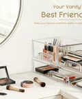 3 Pack Clear Acrylic Stackable Storage Drawers For Makeup And Bathroom Organizer Sleek Vanity Bins to organize makeup on a tidy vanity.