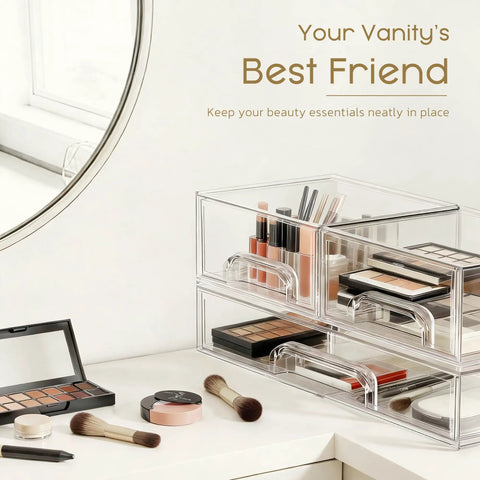 3 Pack Clear Acrylic Stackable Storage Drawers For Makeup And Bathroom Organizer Sleek Vanity Bins to organize makeup on a tidy vanity.
