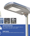 Close-up of 2000 Lumen Solar Street Light with Motion Sensor, Remote Control, mounted on a pole, IP65 waterproof design