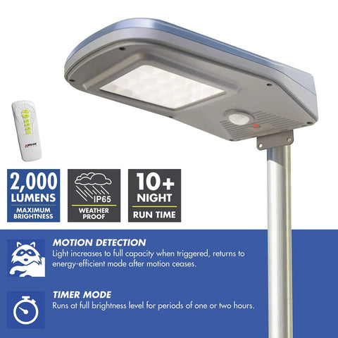 Close-up of 2000 Lumen Solar Street Light with Motion Sensor, Remote Control, mounted on a pole, IP65 waterproof design
