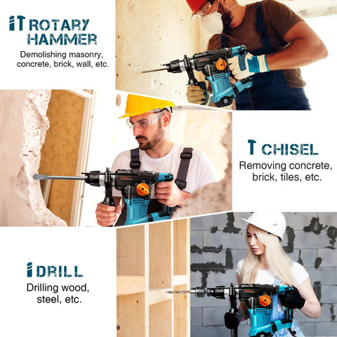 Built Tough 1-1/4 Inch SDS Plus Rotary Hammer Drill, 1500W Power, 6 speeds, used for demolishing and drilling various materials