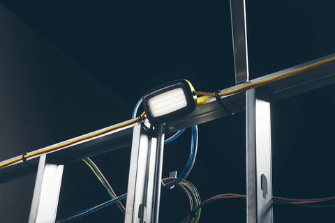 Outdoor 50 Ft LED String Light With 5 Lights, Weatherproof IP65 Plastic Construction, mounted indoors on metal frame