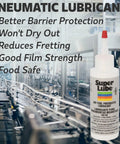 Heavy Duty Air Tool Lubricant For Pneumatic Tools, 4 Oz Bottle, clear oil in factory setting with text highlighting benefits.