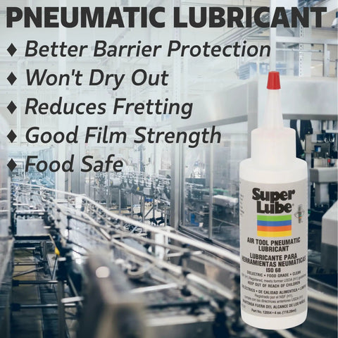 Heavy Duty Air Tool Lubricant For Pneumatic Tools, 4 Oz Bottle, clear oil in factory setting with text highlighting benefits.