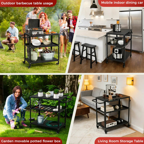 Grill Cart Table That Rolls On Wheels For Indoor And Outdoor Use With 4 Lockable Casters in kitchen, garden, patio, and living room