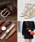 Adjustable Leather Hole Punch Boasts A Comfy Wooden Handle And Six Swappable Brass Inserts Spanning 1.5mm To 4mm, Setting Up Fast For Reliable Belt Work, Bag Repairs, And Diy Crafts That Are Easy As Pie featuring brown leather belt, white heeled sandals, watches, and red purse.