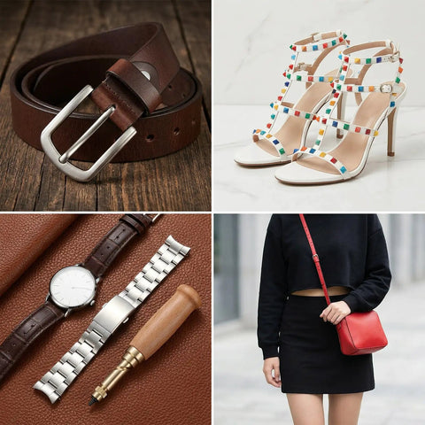 Adjustable Leather Hole Punch Boasts A Comfy Wooden Handle And Six Swappable Brass Inserts Spanning 1.5mm To 4mm, Setting Up Fast For Reliable Belt Work, Bag Repairs, And Diy Crafts That Are Easy As Pie featuring brown leather belt, white heeled sandals, watches, and red purse.