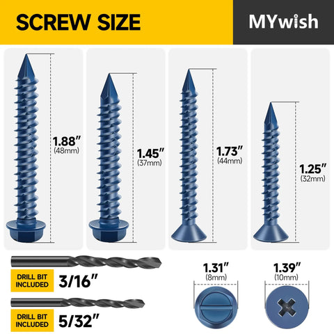 200 Piece Concrete Screws And Drill Bit Set For Masonry Includes One Quarter Inch And Three Sixteenths Inch Self Tapping Screws Flat Head Phillips And Hex Head Masonry Screws Anchors And Bits For Block Brick Cement showing sizes and included drill bits