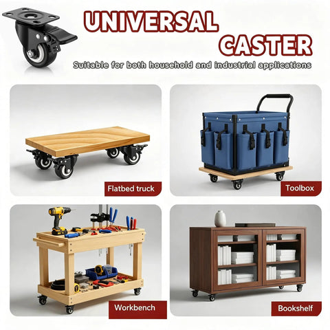 Heavy Duty Polyurethane Caster Wheels Set Of Four With Dual Lock Brakes Non Marking Black Rollers For Workbenches And Tool Carts displayed on various furniture items.