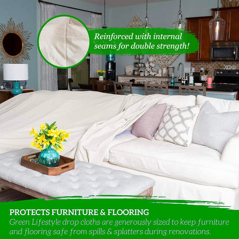 All Purpose Canvas Drop Cloth For Painting And Renovation covering a couch, showcasing reinforced seams for durability in home projects.