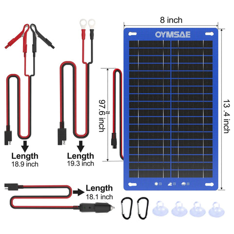 12W Solar Car Battery Charger Portable 12V Trickle Charger And Maintainer Waterproof Solar Panel size dimensions and accessories