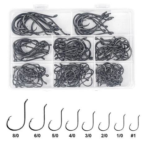Saltwater Circle Hooks 2X Strong Offset Point High Carbon Steel Octopus Catfish Fishing Hooks Set Tackle Gear 150 Pcs Or 240 Pcs Sizes 1 0 2 0 3 0 4 0 5 0 6 0 8 0 in case