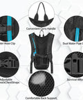 Hydration Backpack With 2L Leak-Proof Water Bladder, back view showing hose clip, carry handle, and breathable mesh panel.