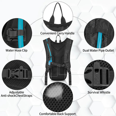 Hydration Backpack With 2L Leak-Proof Water Bladder, back view showing hose clip, carry handle, and breathable mesh panel.