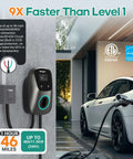 Kickstart Your Electric Ride With This Built Tough 48Amp Level 2 Charger Featuring Wireless App Control ETL Certified 25 Foot Cord And J1772 Adapter For Simple Home Juice Up mounted on a wall next to a white electric vehicle.