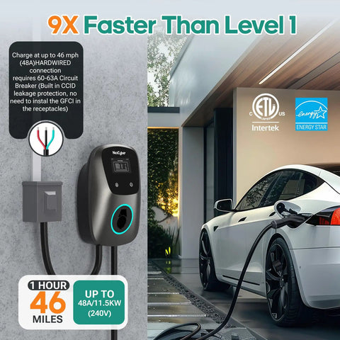 Kickstart Your Electric Ride With This Built Tough 48Amp Level 2 Charger Featuring Wireless App Control ETL Certified 25 Foot Cord And J1772 Adapter For Simple Home Juice Up mounted on a wall next to a white electric vehicle.