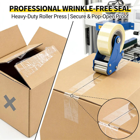 Full Automatic Double Flap Box Sealer With Servo Motor Self Adjusts To Carton Sizes Instantly For High Speed Logistics And Ecommerce Packaging Lines Handles Up To 1000 Boxes Per Hour Effortlessly, showing heavy-duty roller press applying tape.