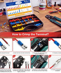 Huge 1150 Piece Wire Connectors Kit With Insulated Terminals And Crimper For Automotive Wiring Projects Featuring Red Blue Yellow Assorted Ring Spade Fork Butt Splice Quick Disconnects That Fit AWG 22 To 10 Like A Glove. Open kit with assorted insulated terminals and crimper on desk