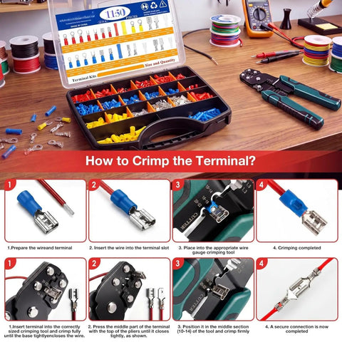 Huge 1150 Piece Wire Connectors Kit With Insulated Terminals And Crimper For Automotive Wiring Projects Featuring Red Blue Yellow Assorted Ring Spade Fork Butt Splice Quick Disconnects That Fit AWG 22 To 10 Like A Glove. Open kit with assorted insulated terminals and crimper on desk