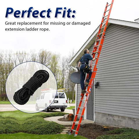Ladder Rope Replacement For Extension Ladders Up To 40 Feet With Single Pulley Fits Werner AC30 2 And Most Aluminum And Fiberglass Ladders Five Sixteenth Inch Diameter Replacement Kit 1 Pack No Fuss Easy Install Not For Double Pulley Systems shown on ladder against house with inset of rope bundle