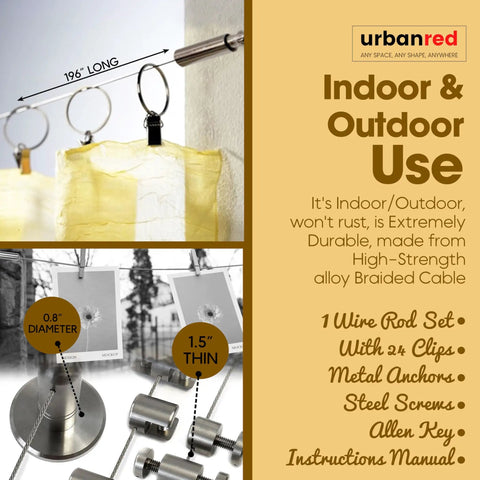 Adjustable Indoor Outdoor Wire Curtain Rod System With 16.4 Ft Reach And 24 Clips For Room Divider displayed in use