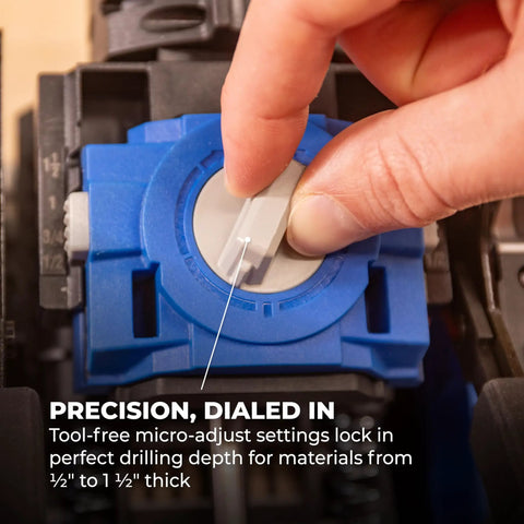Close-up of hand adjusting Rebel 20V Ionic Drive Pocket Hole Joiner Kit with micro-adjust tool-free settings for precision.