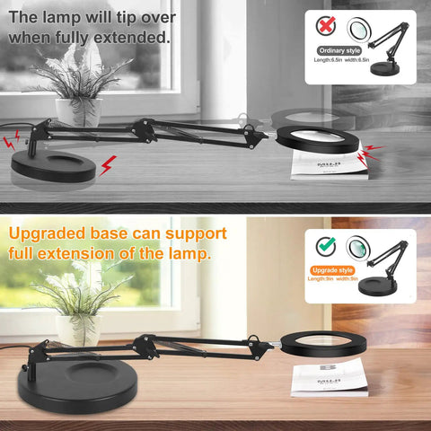 Comparison of lamp stability with base differences, focusing on 8X Magnifying Glass With Light And Stand For Handy Hobby DIY Close Work.