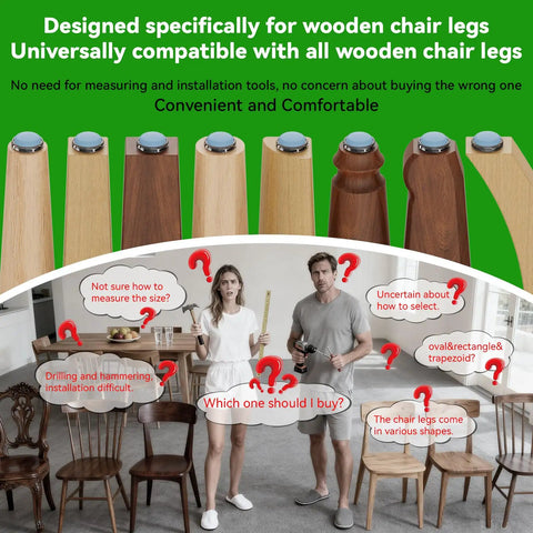 Selection of wooden chair legs with clear nail-on protectors; couple deciding on Chair Leg Floor Protectors For Wooden Chairs, Nail On Sliders That Stay Put, 16 Pack, Easy Glide Furniture Moving Pads, Scratch Prevention, No Slip Grip, Quiet Roll, Protect Floors And Make Moving A Breeze.