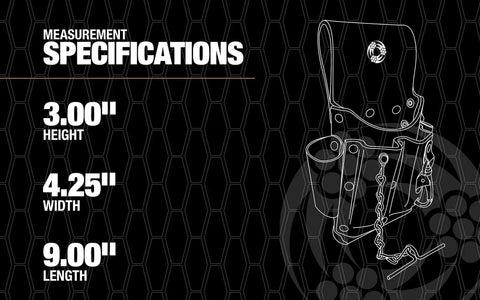 Diagram showing dimensions of Leather Tool Pouch With Five Pockets And Tape Chain, Fade Resistant, Durable Compartments With Washer Rivets.