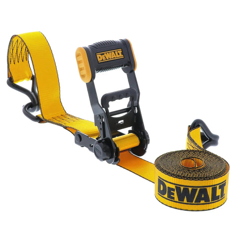 Image of a yellow ratchet tie-down strap with ergonomic handle and steel hooks, suitable for secure cargo hauling in trucks and trailers.