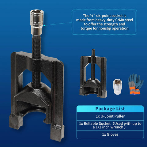 GEAROLL U-Joint puller with threaded shaft and yoke, automotive universal joint extractor; includes socket and gloves
