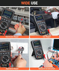 Collage showing 2 In 1 Portable Handheld Oscilloscope Multimeter With 10MHz Bandwidth And 50Msps Sampling Rate 6000 Counts DMM in various repair contexts