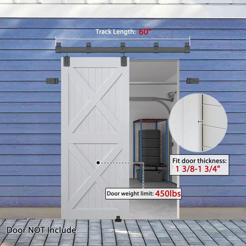 Five Foot Exterior Sliding Barn Door Hardware Kit Built Tough Heavy Duty Track System For Indoor And Outdoor Doors Wall Mount Black Galvanized Steel With Weatherproof Floor Guide installed on blue wall