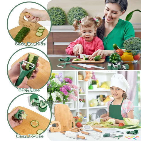 20-Piece Kids Safe Knife Set for Real Cooking—green handles, BPA-free toy kitchen tools for toddlers