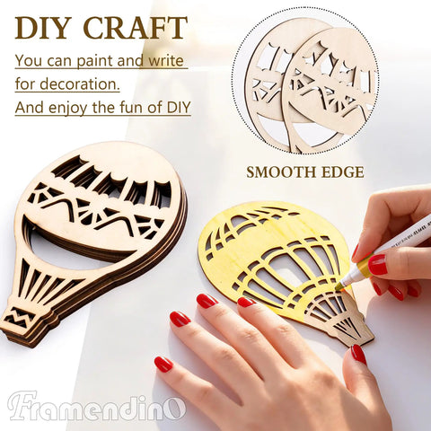 Person holding Unfinished Wooden Hot Air Balloon Cutouts Set 30 Pack Boxwood Wood Shapes ready for DIY crafts and home decor
