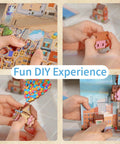 DIY Book Nook Kit For Adults With 3D Wooden Puzzle Bookend And Shelf Insert, Totally Cozy Library Decor For Shelves, Miniature House Kit With Body Motion Sensor LED Light, Travel With The Wind Edition shown in assembly process.