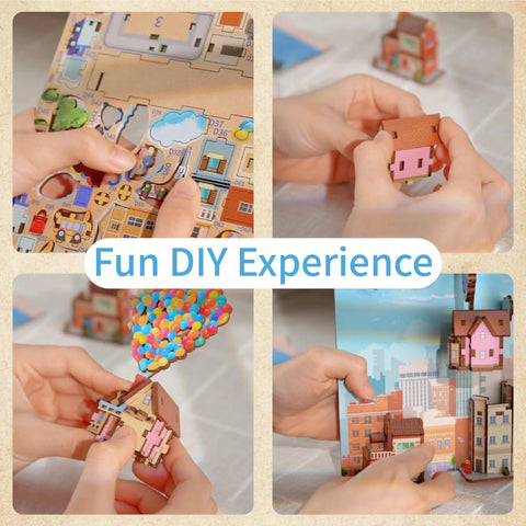 DIY Book Nook Kit For Adults With 3D Wooden Puzzle Bookend And Shelf Insert, Totally Cozy Library Decor For Shelves, Miniature House Kit With Body Motion Sensor LED Light, Travel With The Wind Edition shown in assembly process.