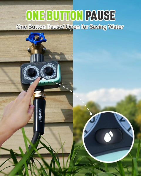 Weatherproof Sprinkler Timer With Three Quarter Inch Hose Port featuring a programmable dial and one-button pause feature.